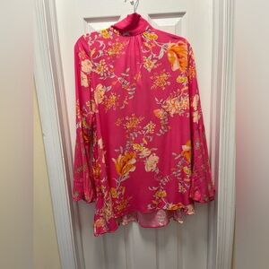 Free People Tate Pink Tunic Blouse Flowy Top with Cutout/Tie Back, Size Small
